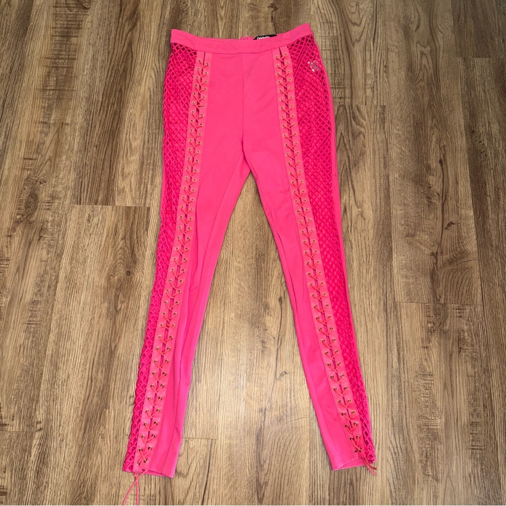 Women’s Hot Pink Lace Up Fishnet High Rise  Leggings Pants Club wear Size L